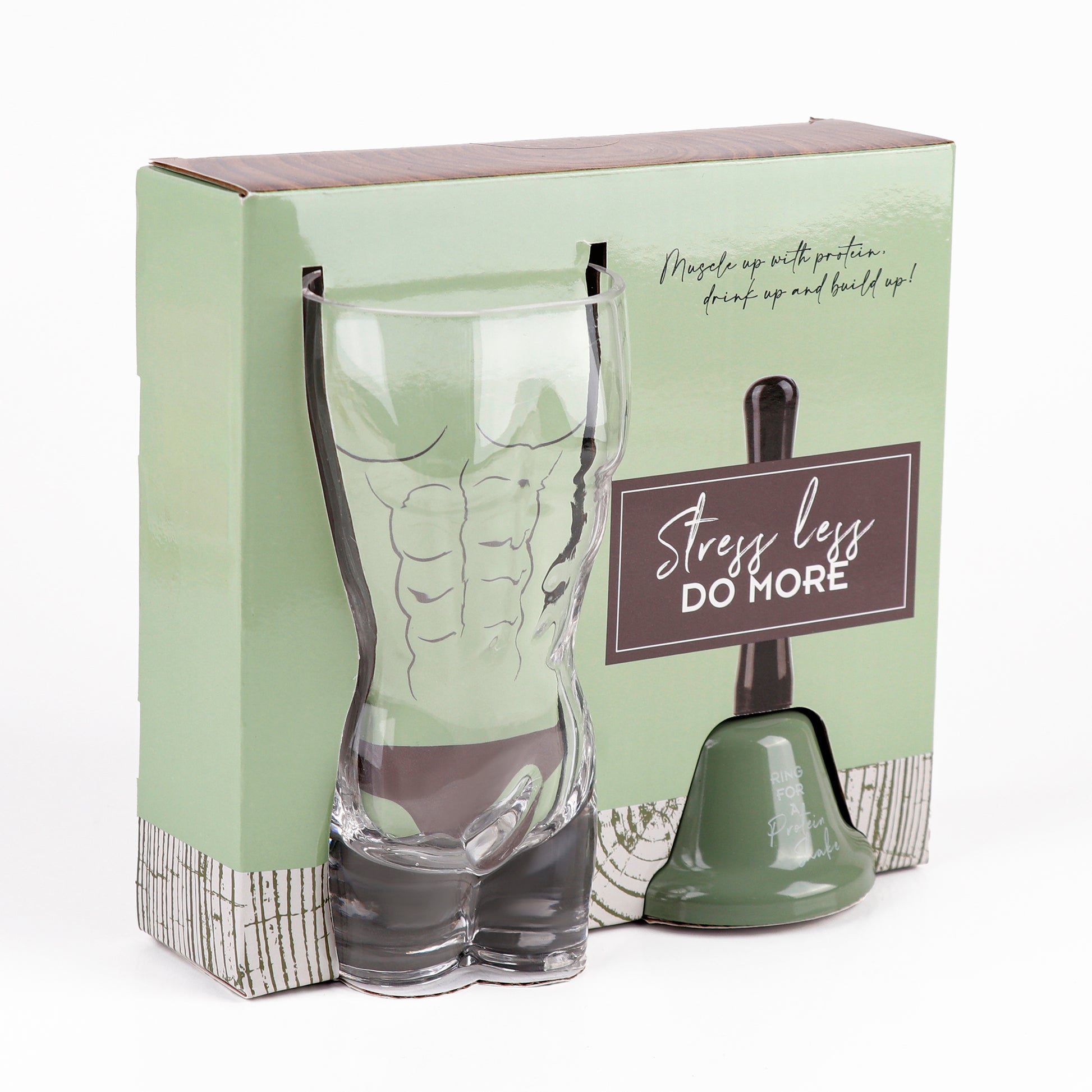 Glass shaker cup and green-and-black bell base set in retail box