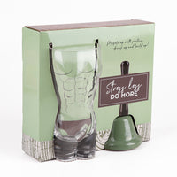 Glass shaker cup and green-and-black bell base set in retail box
