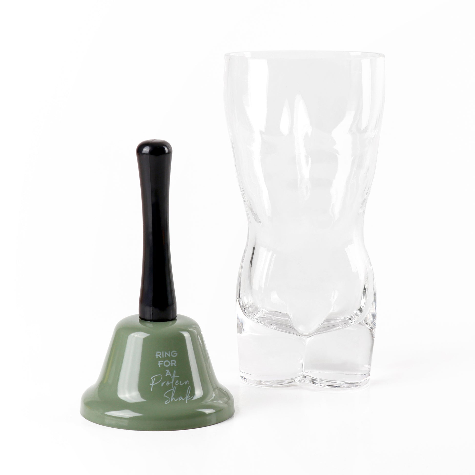 Clear glass shaker cup with green bell base and black top cap