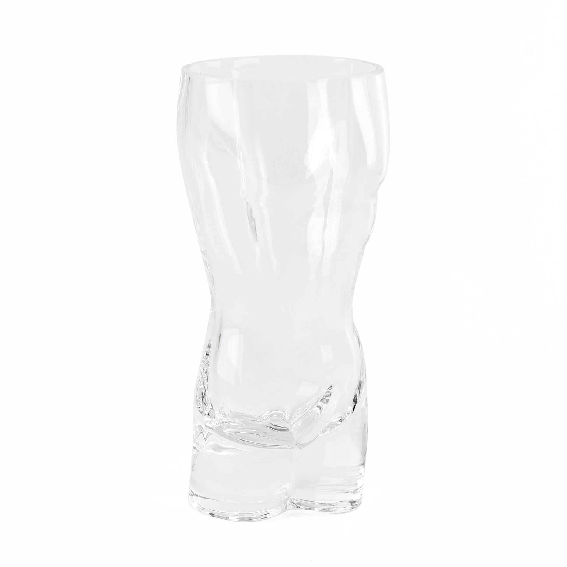 Clear glass shaker cup with ridged body and flared rim