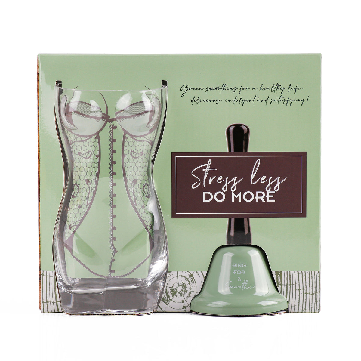 Glass cup gift set in printed box, with green bell base and clear patterned cups