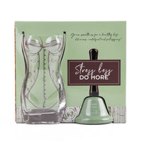 Glass cup gift set in printed box, with green bell base and clear patterned cups