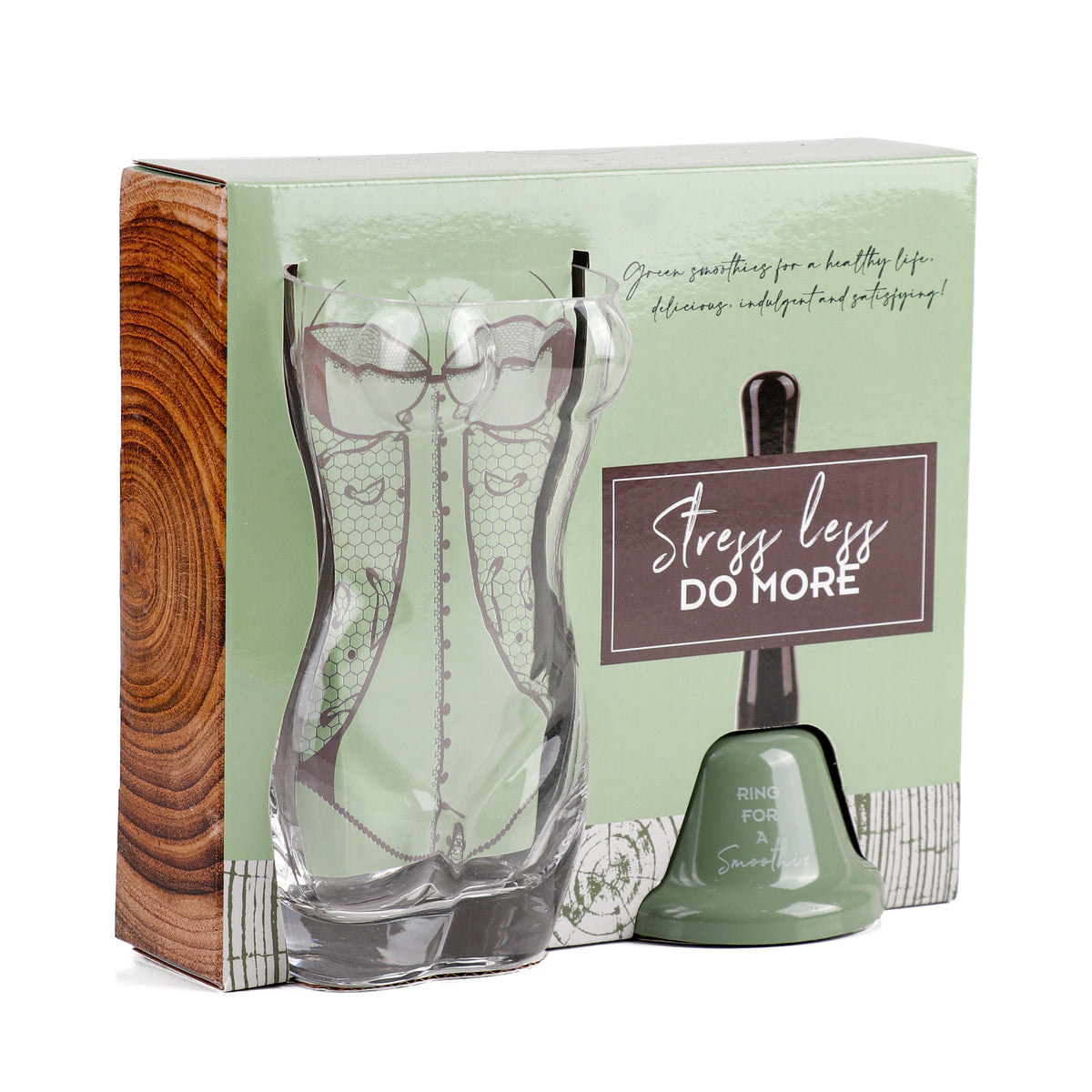 Printed gift box with clear patterned glass cups and green bell base