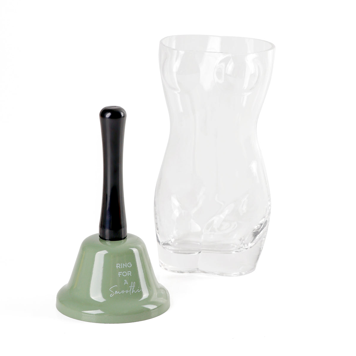 Clear glass cup with green bell ring stand base and black-topped rod