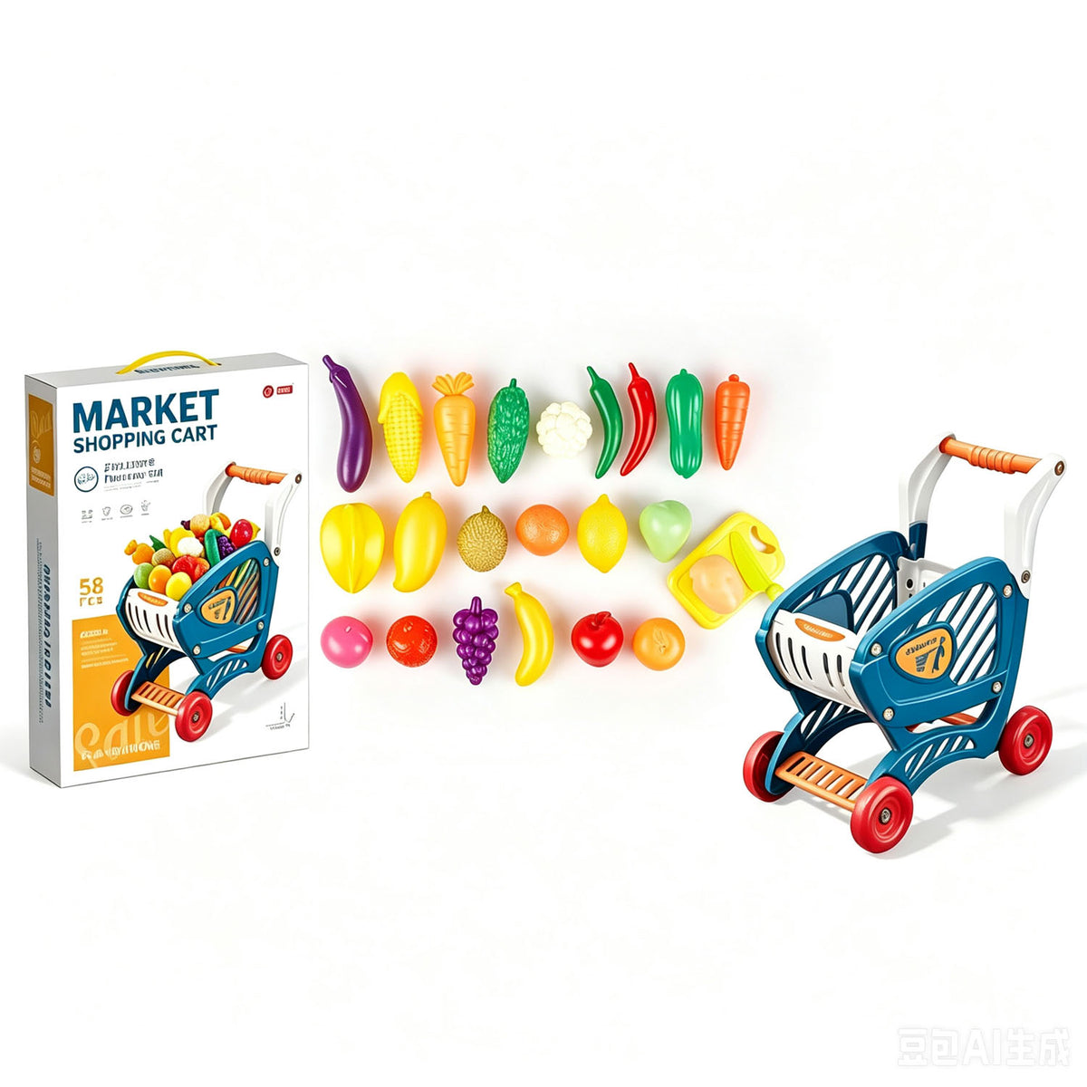 Blue toy shopping cart with 58-piece pretend food set, includes box