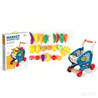 Blue toy shopping cart with 58-piece pretend food set, includes box