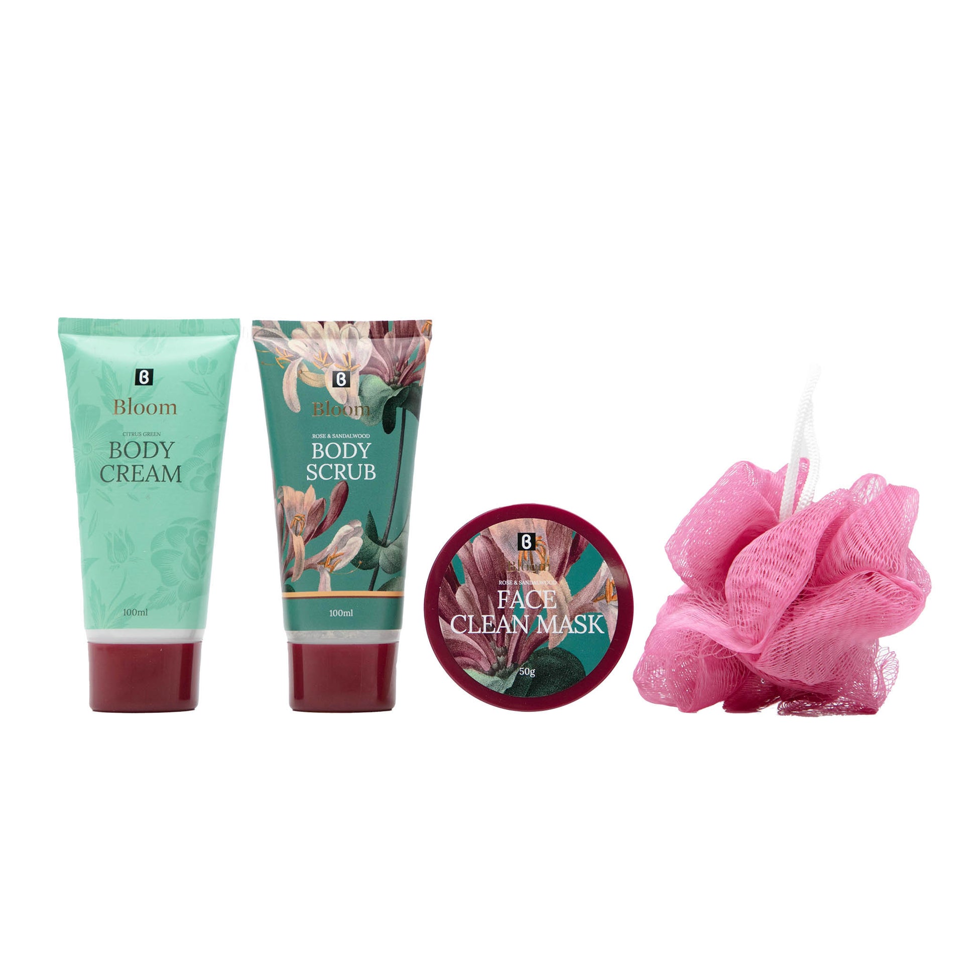 Body care set with body cream and scrub tubes, face clean mask jar, pink scrub sponge