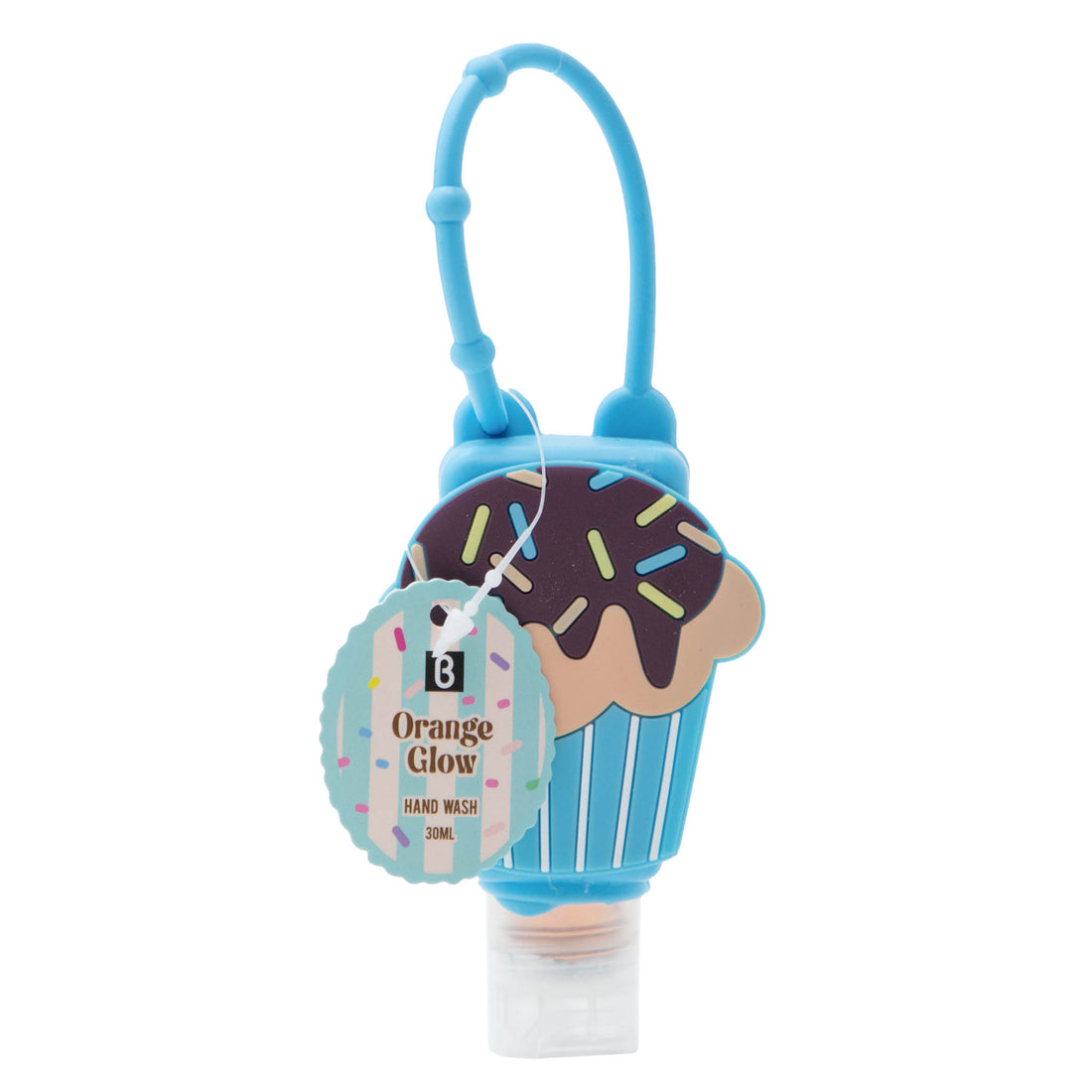 Blue cupcake silicone hand wash case with 30ml bottle and Orange Glow label