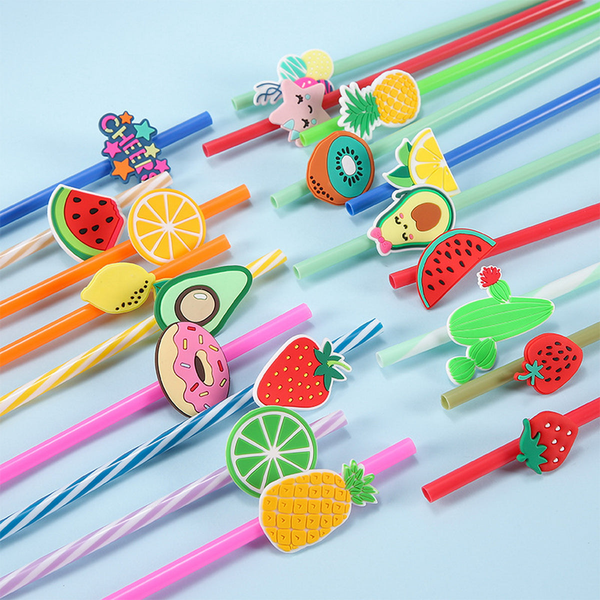 Mixed fruit-shaped drink straw set with colorful straws and cutout toppers.