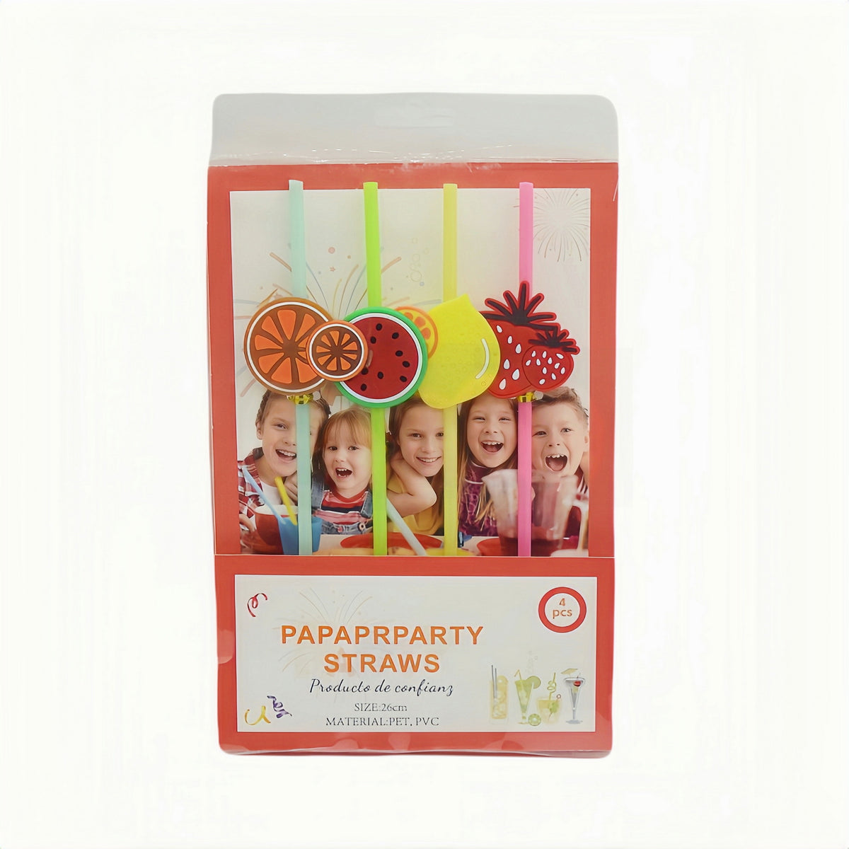 “PAPARABPARTY STRAWS” straw set package with fruit illustrations and 4-piece straws.