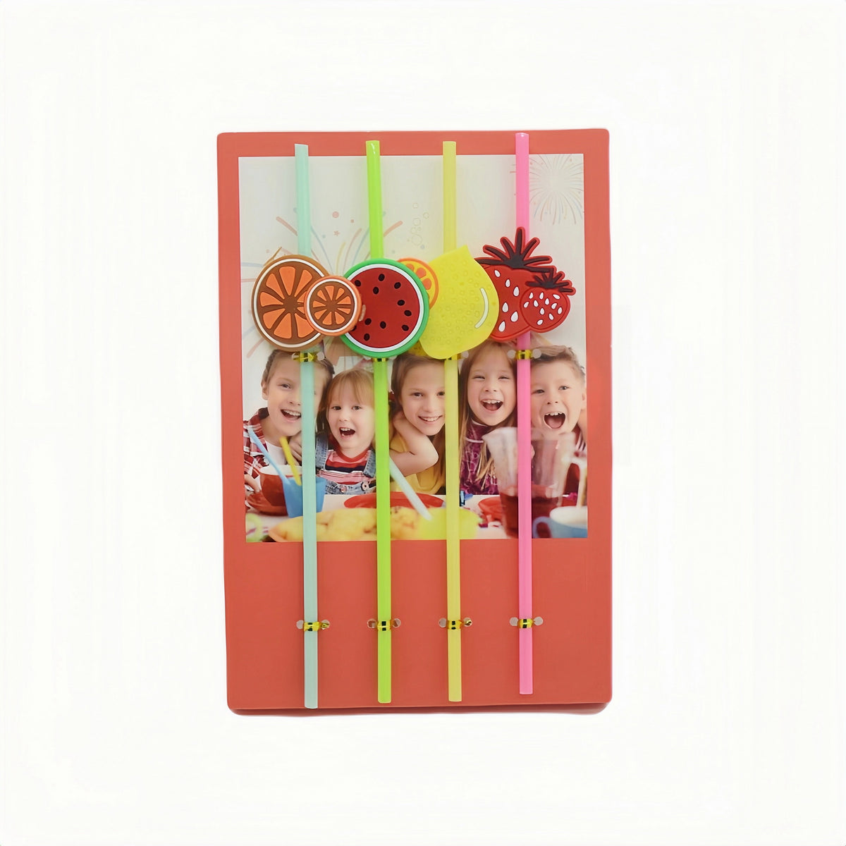 Decorative fruit drink straw set in a coral photo-style card, 4-piece, 26 cm.