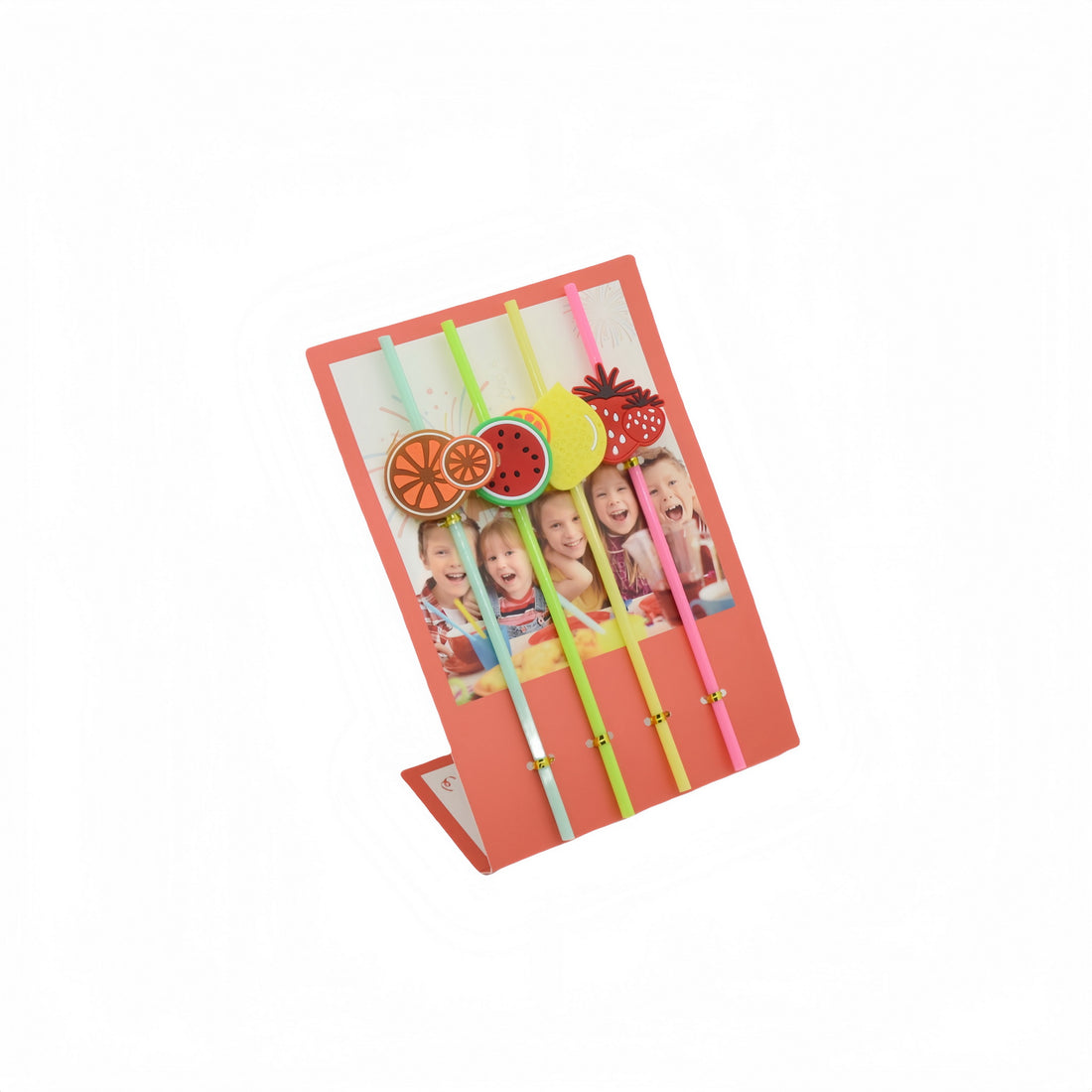 Decorative fruit drink straw set in a pink photo-style frame, 4-piece, 26 cm.