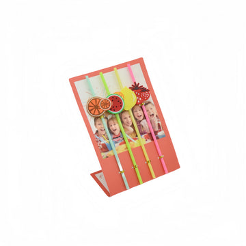 Decorative fruit drink straw set in a pink photo-style frame, 4-piece, 26 cm.