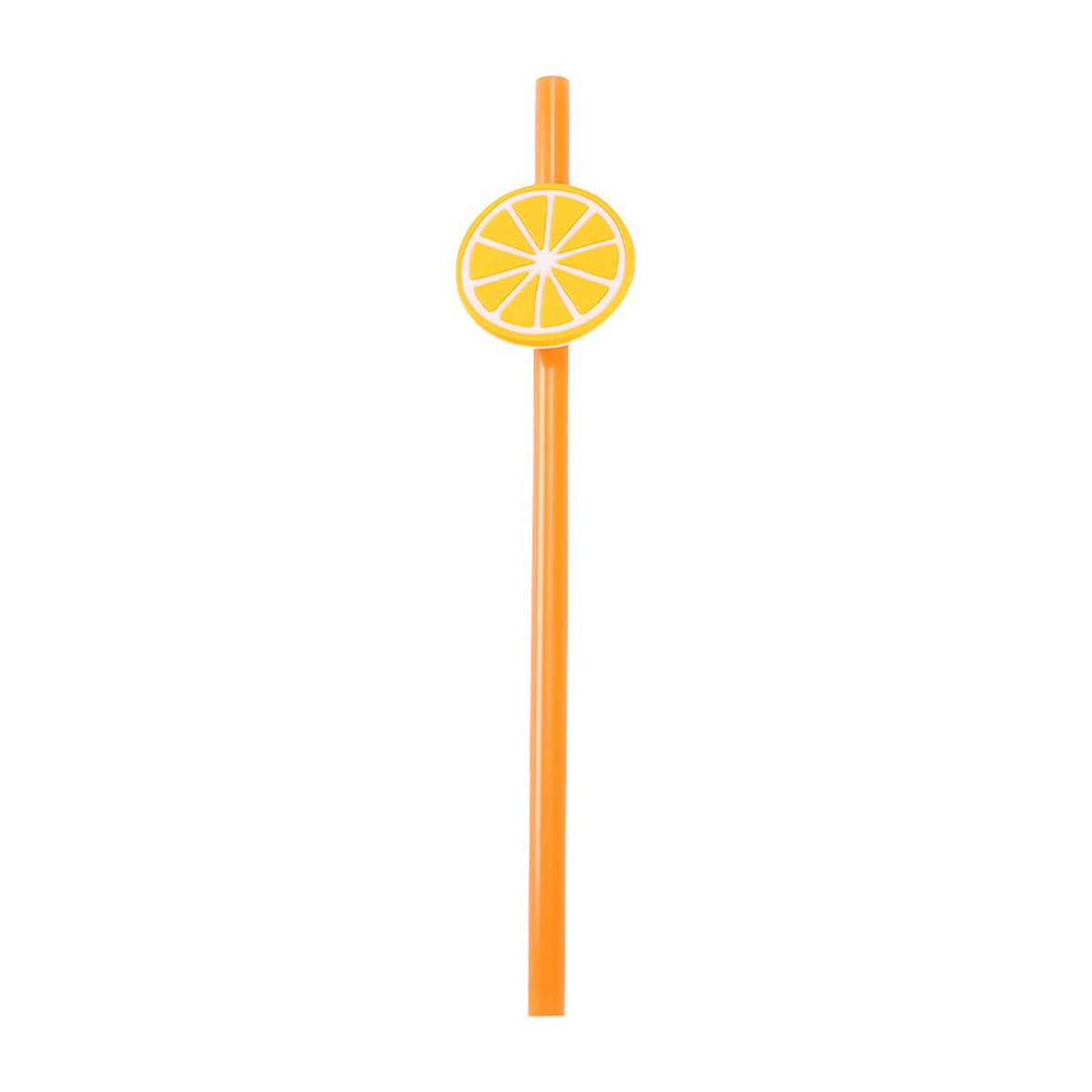 Orange drink straw with circular citrus fruit topper, decorative novelty straw.