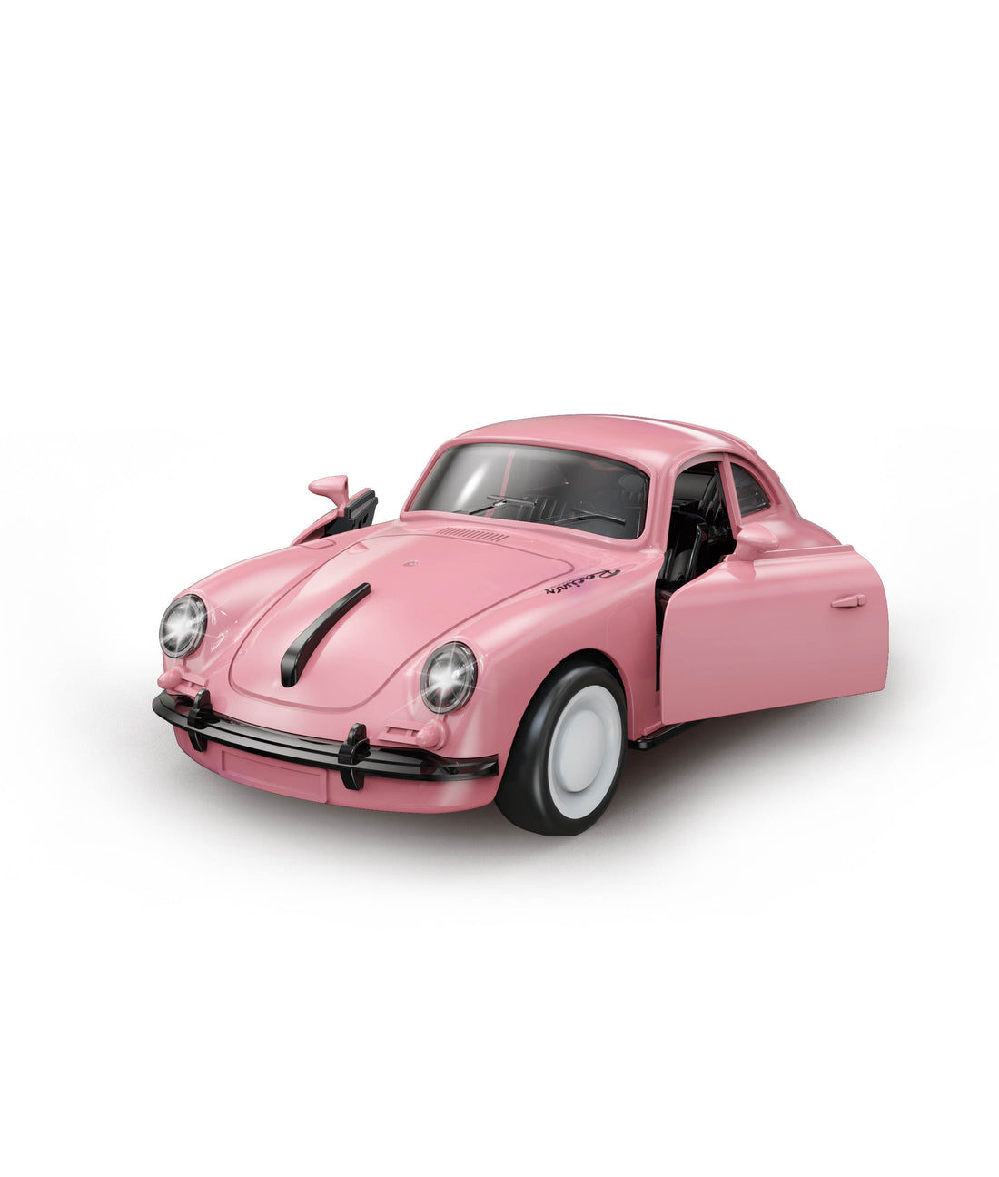 Pink vintage-style car model with black racing stripe and whitewall tires