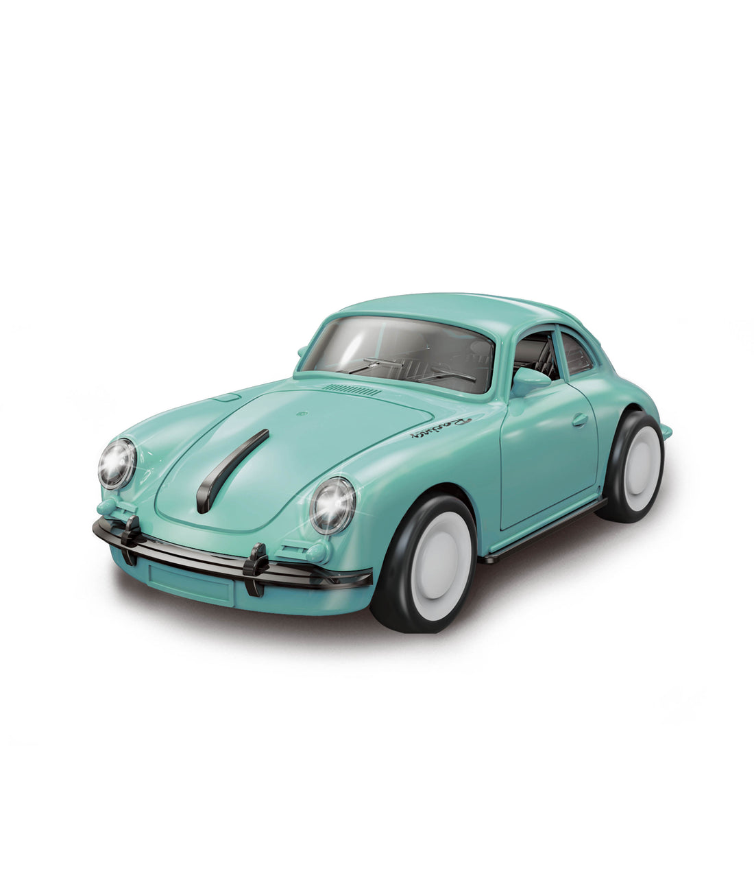 Green vintage-style car model with black racing stripe and whitewall tires