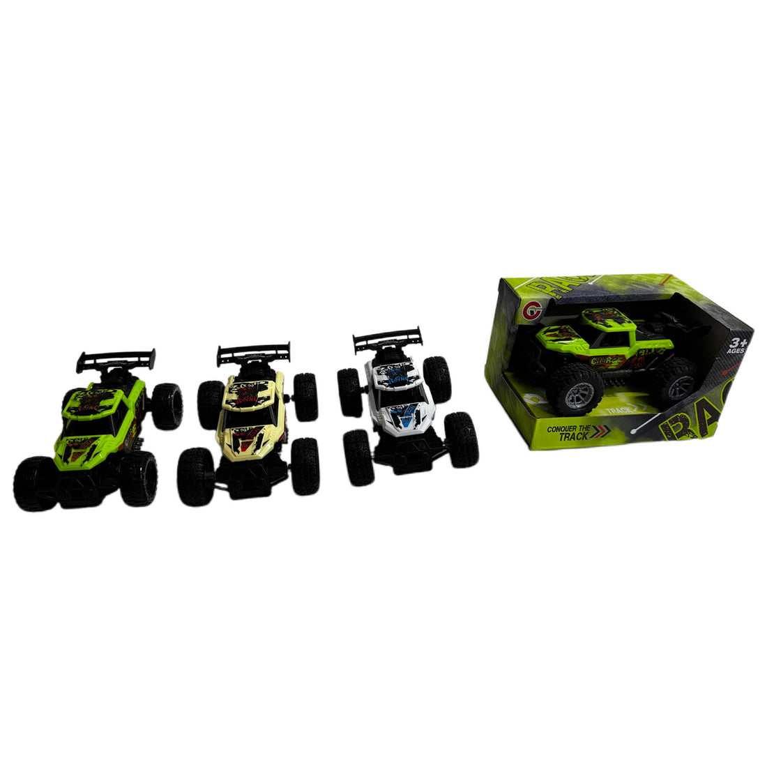 Off-road racing toy car set with green-and-black monster trucks and boxed model
