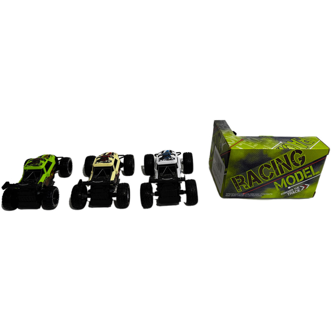 Off-road racing toy car set with green and black monster trucks and yellow details