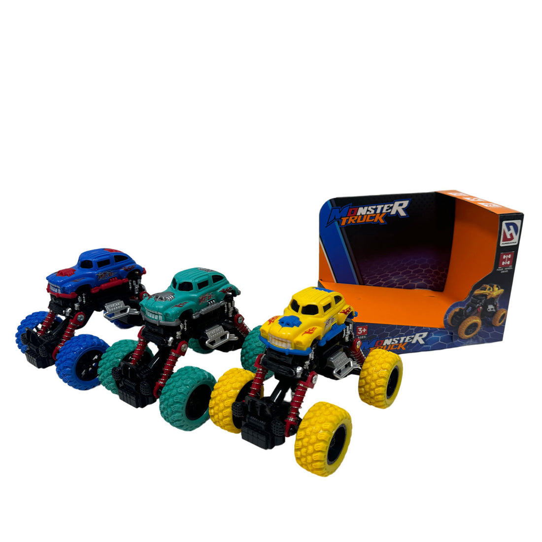 Monster truck toy set with 4 colorful push-along vehicles and display box