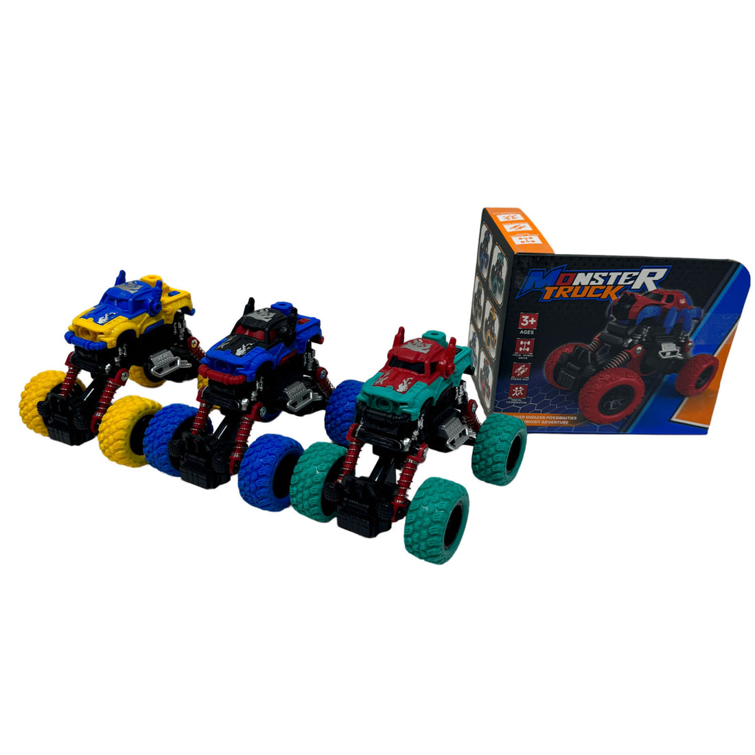 Monster truck toy set with four colorful trucks and retail box