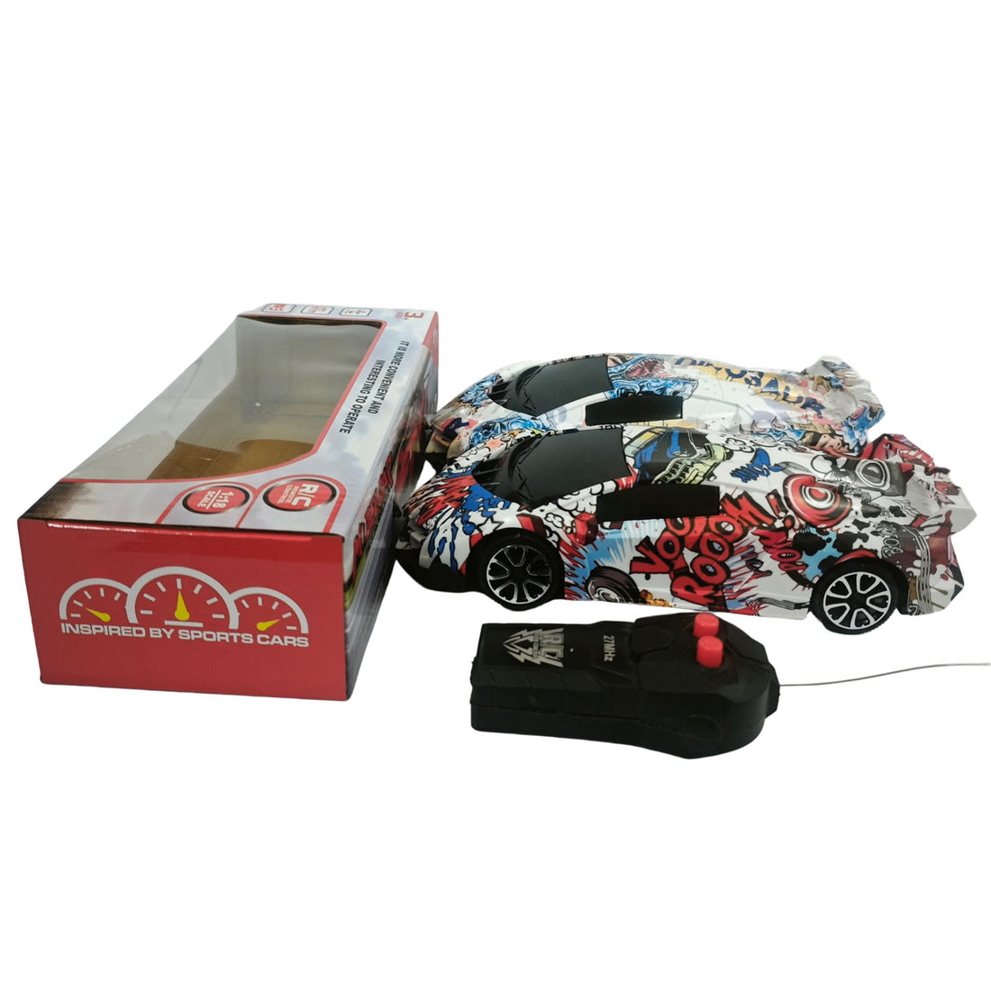 Colorful remote control toy car with patterned body and black controller