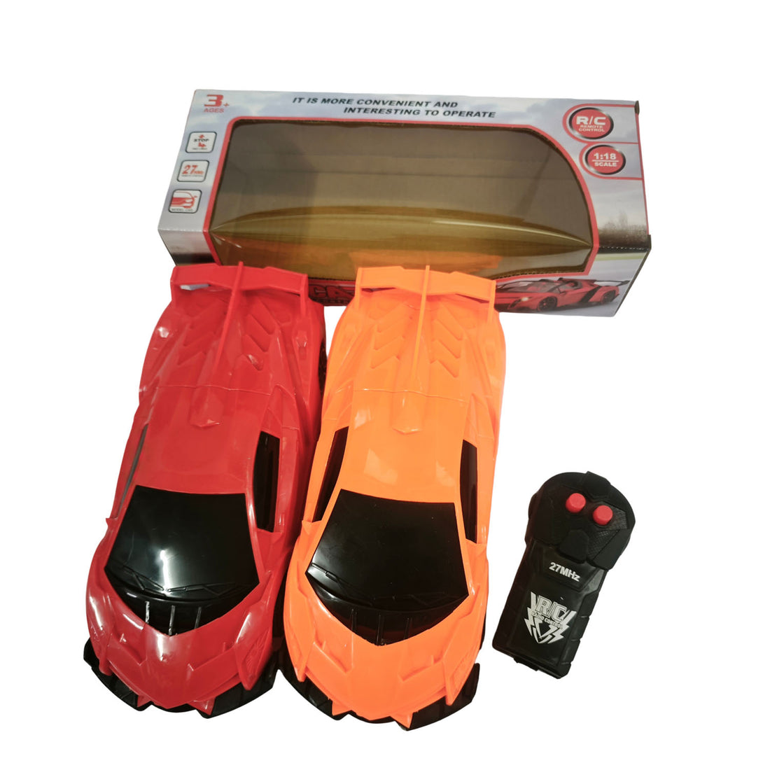 Remote control sports car set with red and orange cars and black controller