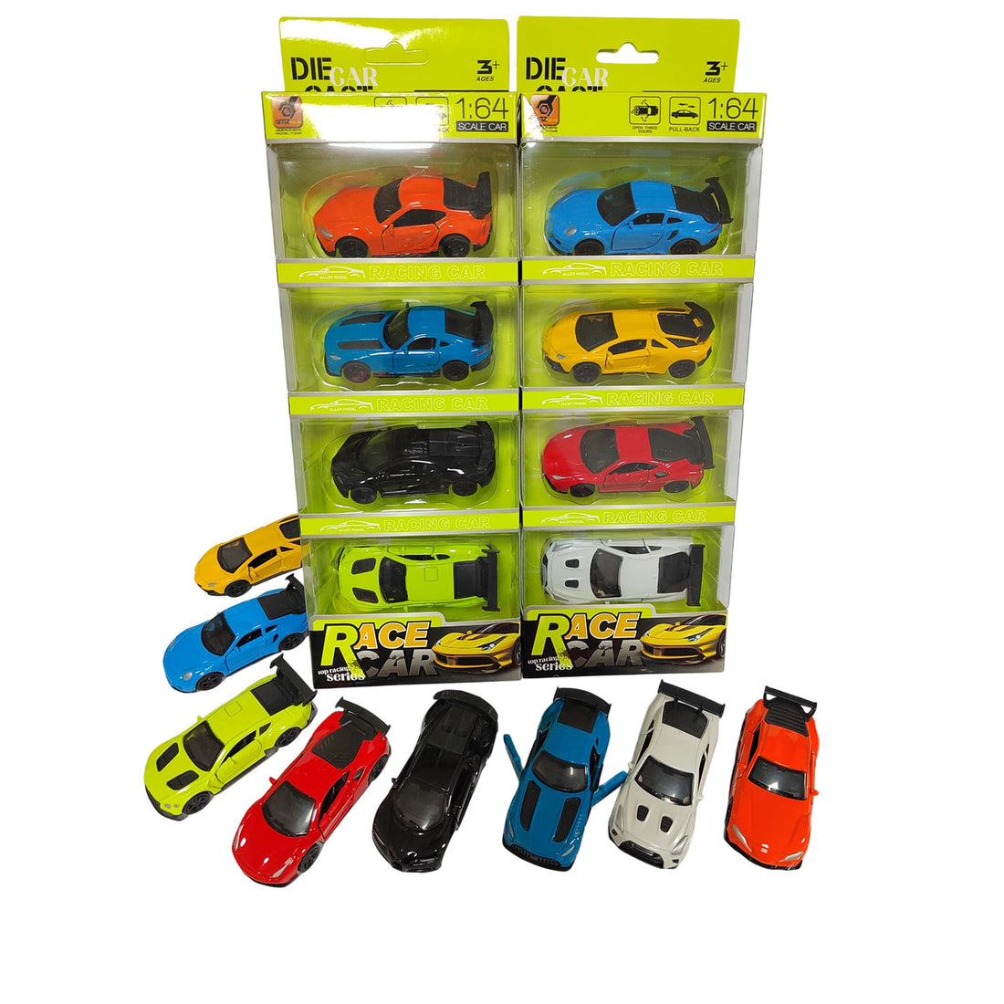 Assorted 1:64 die-cast race car set with blister packaging and multi-color cars