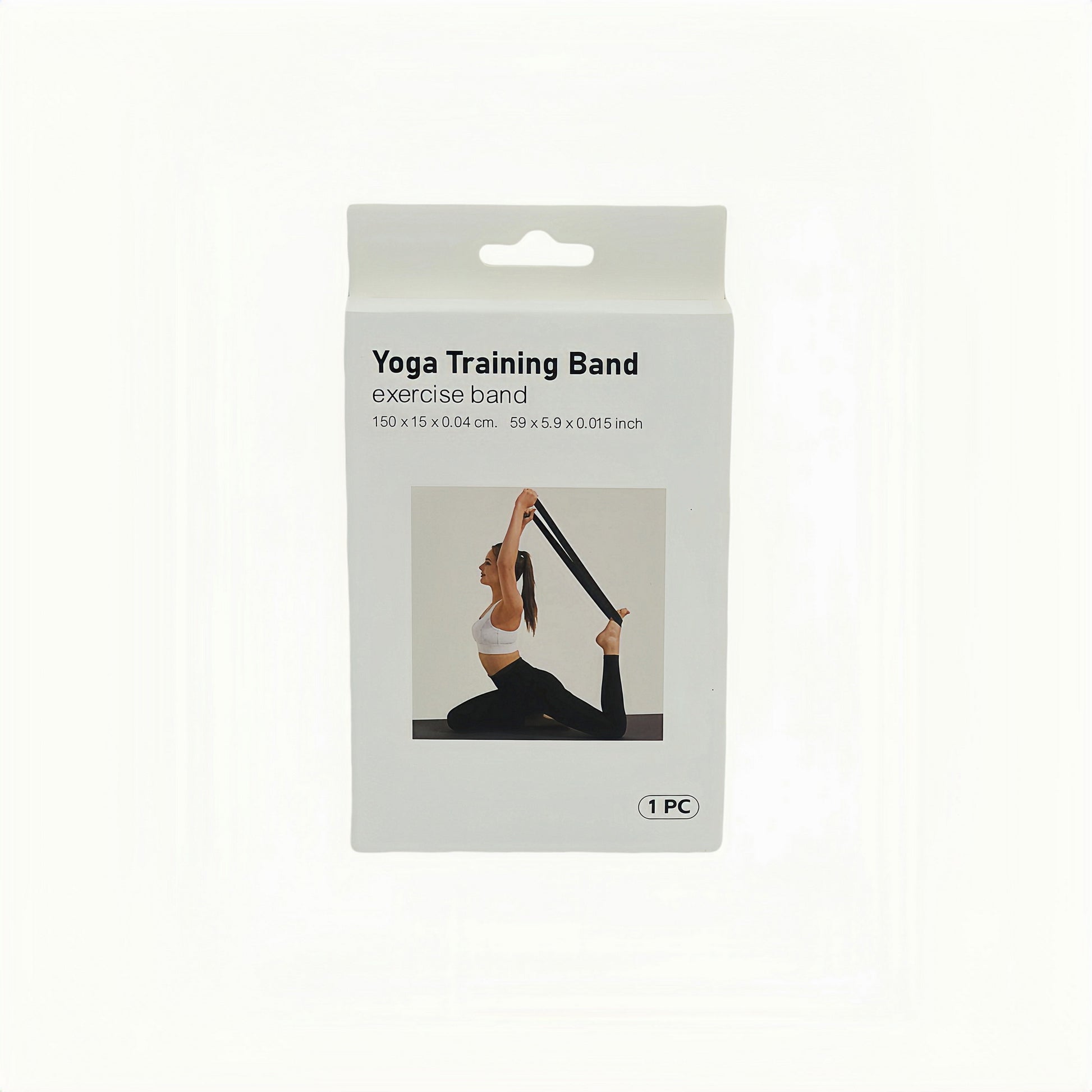 Resistance band in retail box, visible product card and band