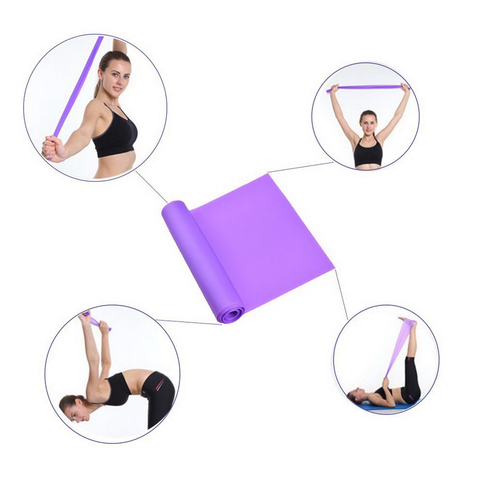 Purple resistance band rolled and used for stretching exercise
