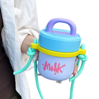 350ml thermos cup in light blue with yellow trim and turquoise straps, Milk graphic