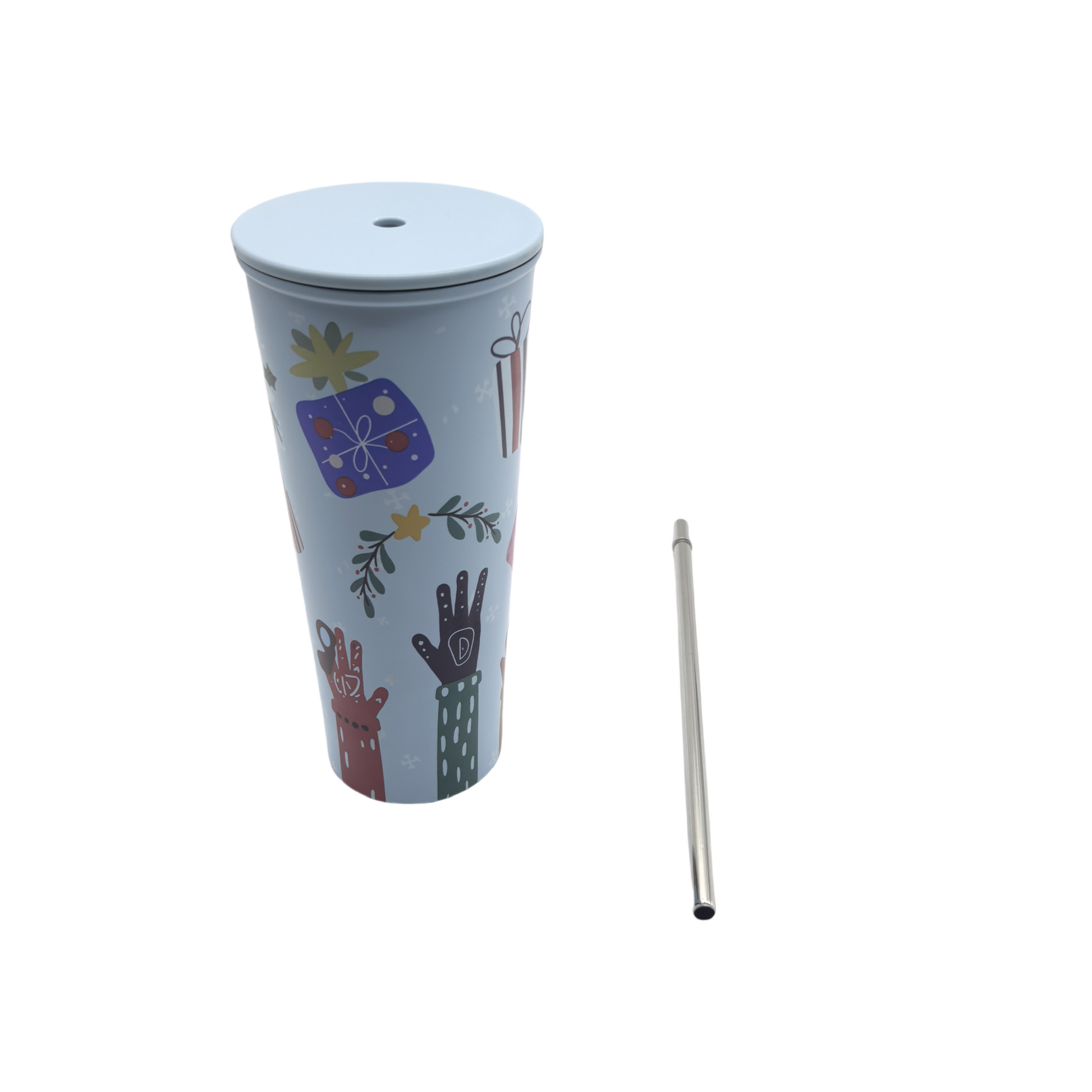 Festive winter tumbler with removable lid, blue with gift and cactus prints; metal straw