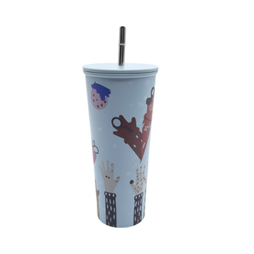 Festive winter tumbler with lid and metal straw, blue with mitten and snowflake print