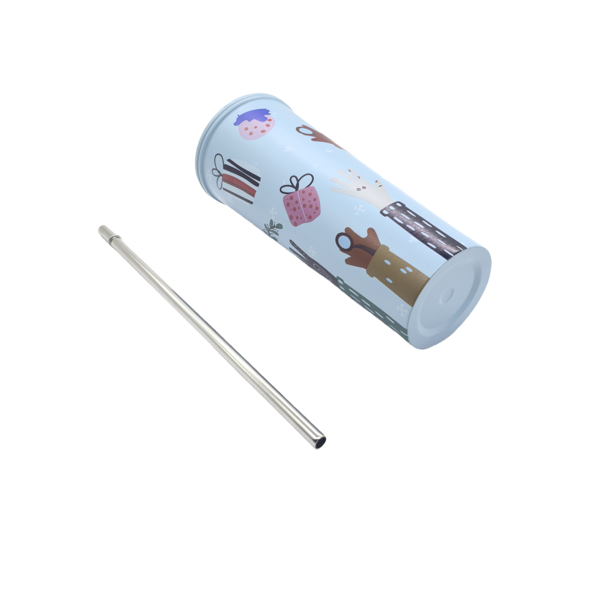 Festive winter tumbler with metal straw, blue with holiday characters and snowflake details
