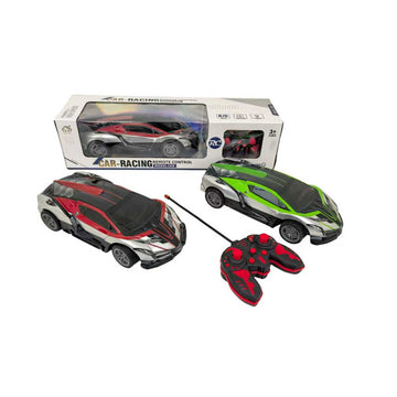 Remote control racing car set: two detailed cars, red controller, and box