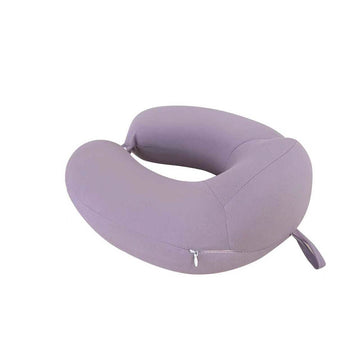 Light purple U-shaped travel pillow with center cutout and side zipper pouch