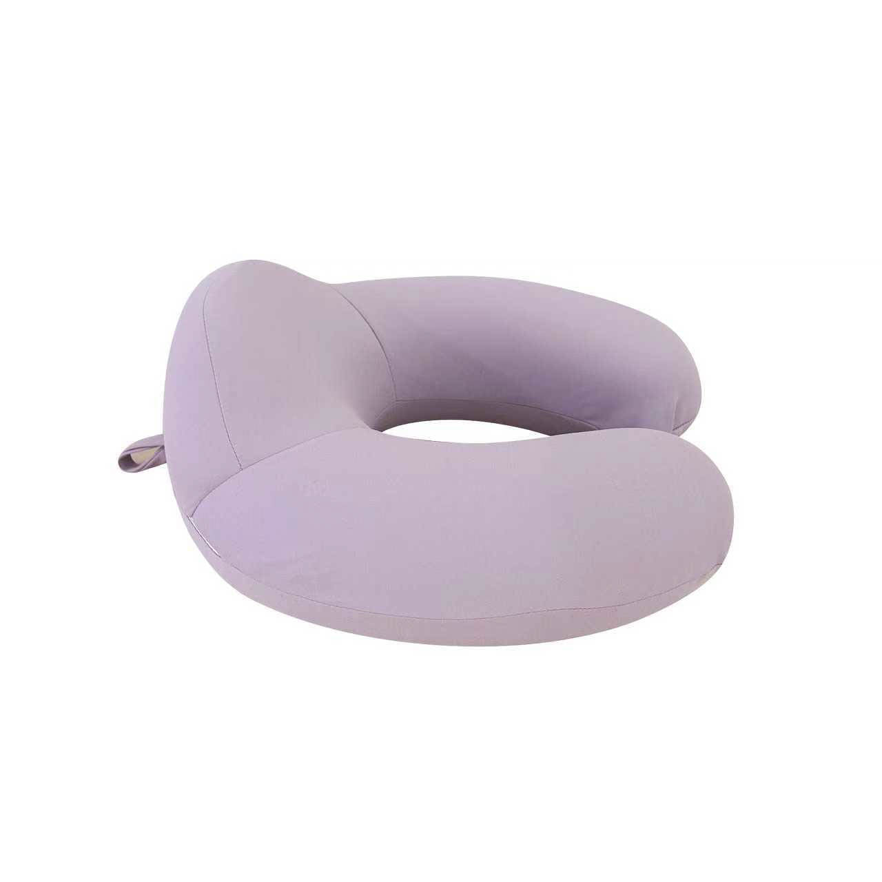 Light purple U-shaped travel pillow with adjustable side strap