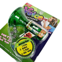 Green voice-changing dinosaur horn toy with clear mouthpiece and mode buttons