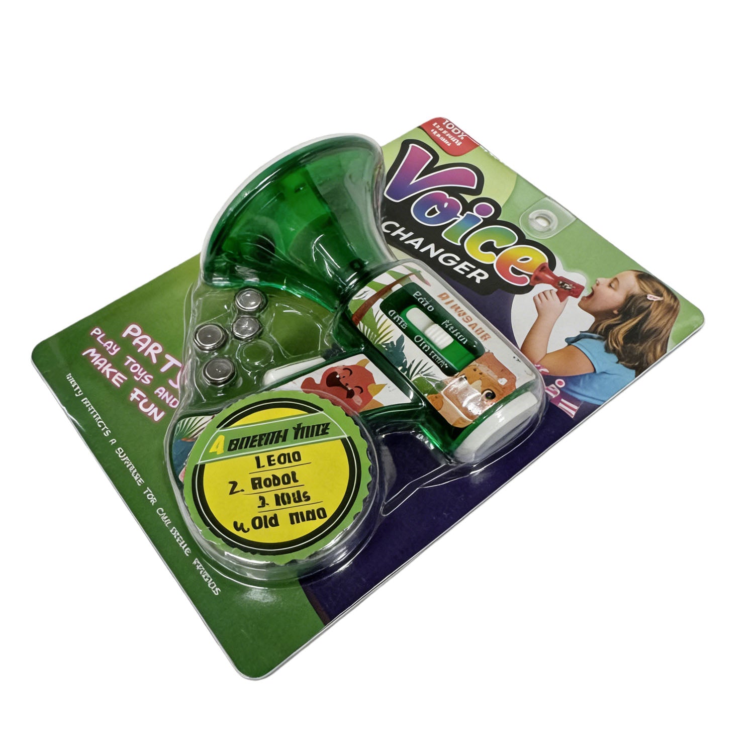 Green voice-changing dinosaur horn toy in blister pack with 4 sound options