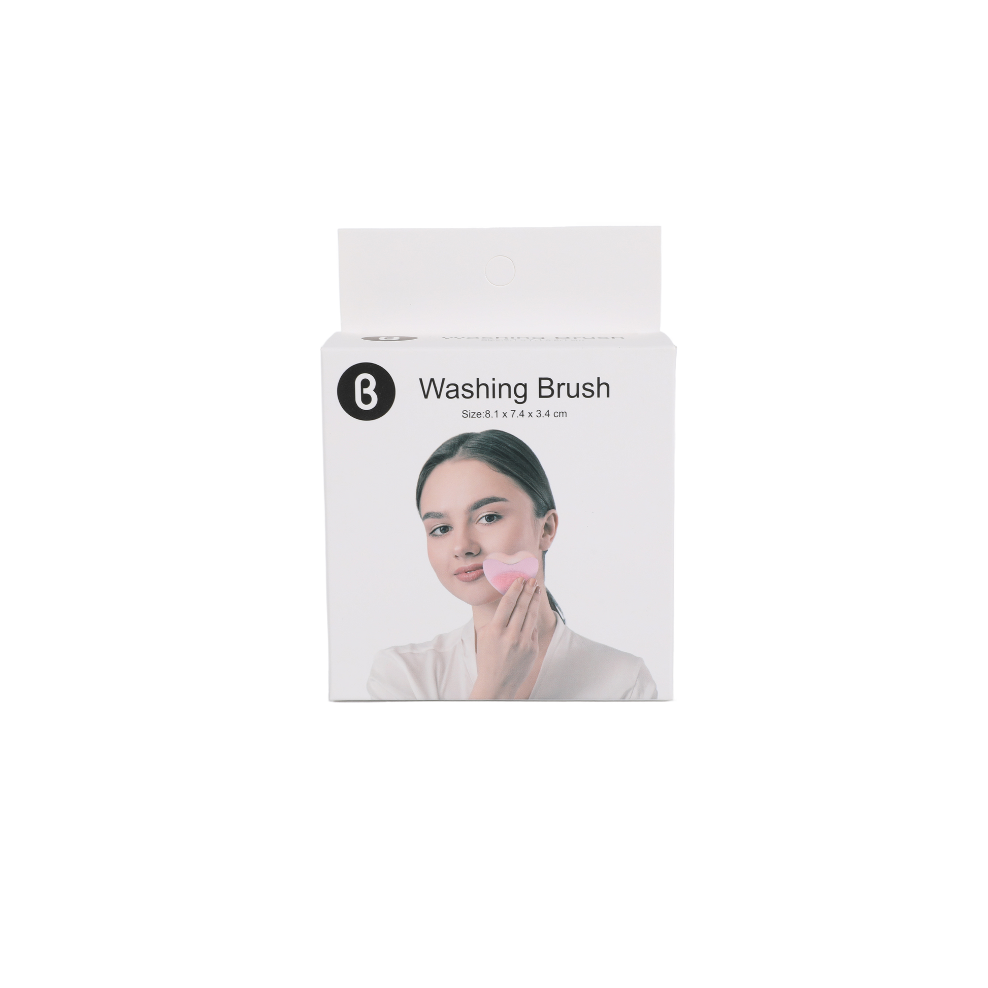 Washing brush retail box showing model using a pink heart-shaped facial brush