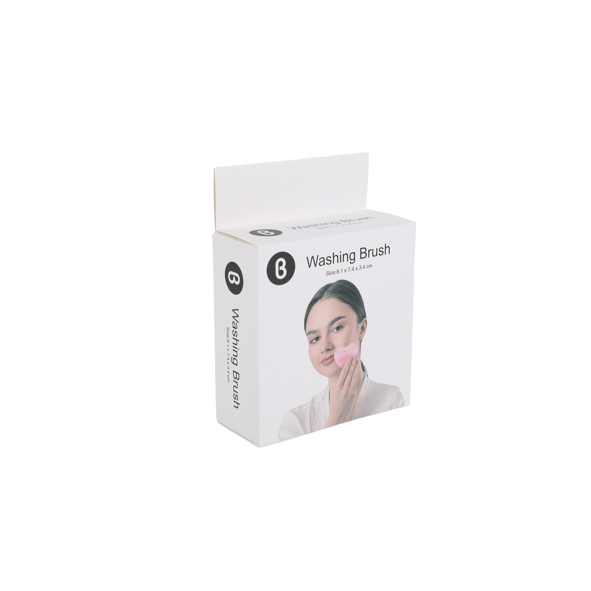 Washing brush retail box showing product image and face-cleansing use