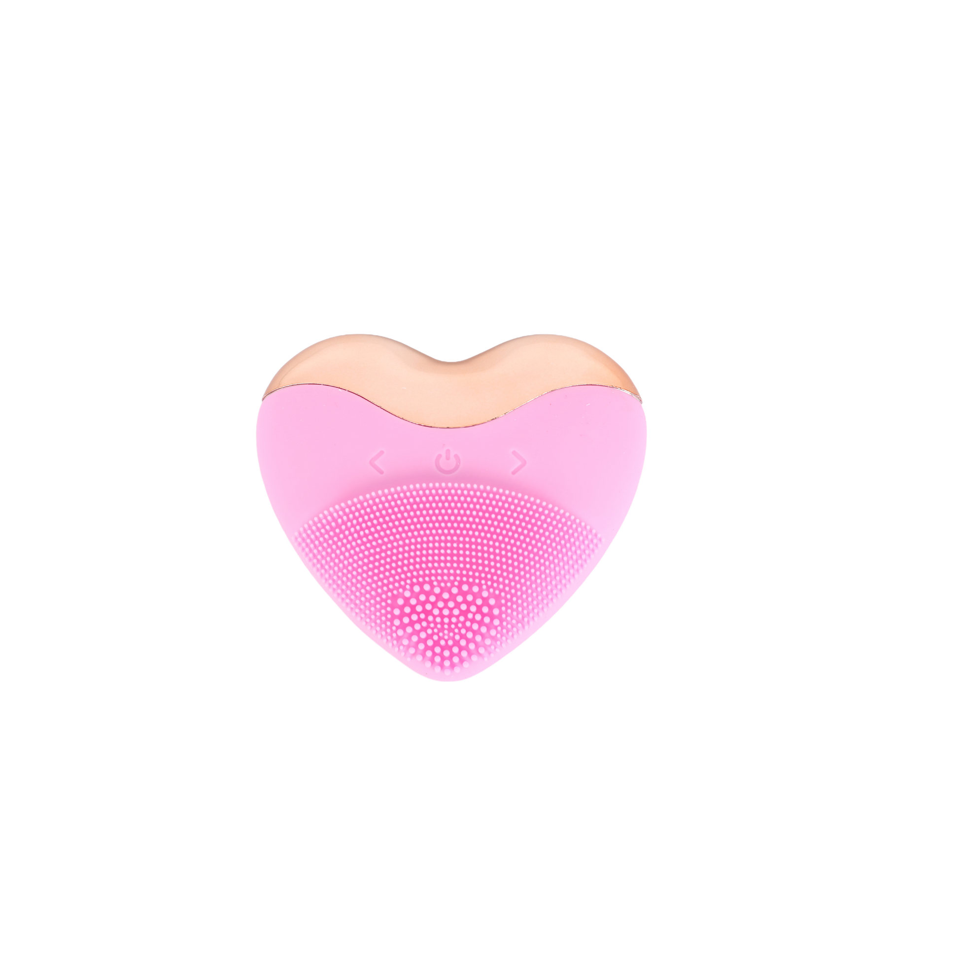 Pink heart-shaped facial cleansing brush with power and control buttons on top