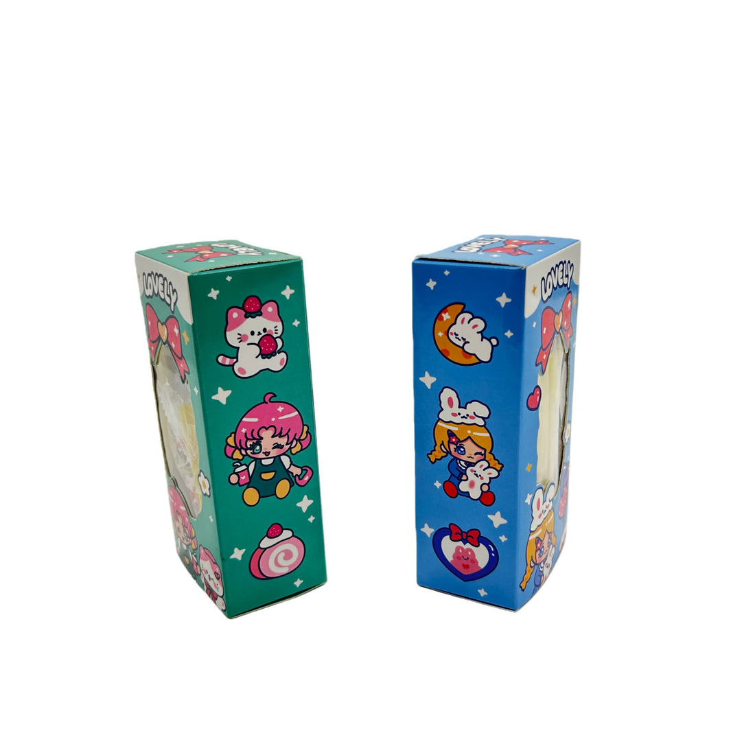 Bubble gum set, green and blue cartoon candy boxes in side view with hearts and bows.