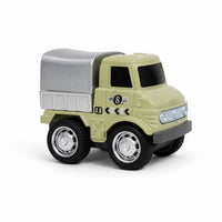 Tan and gray diecast pull-back cargo truck with grille details and round headlights
