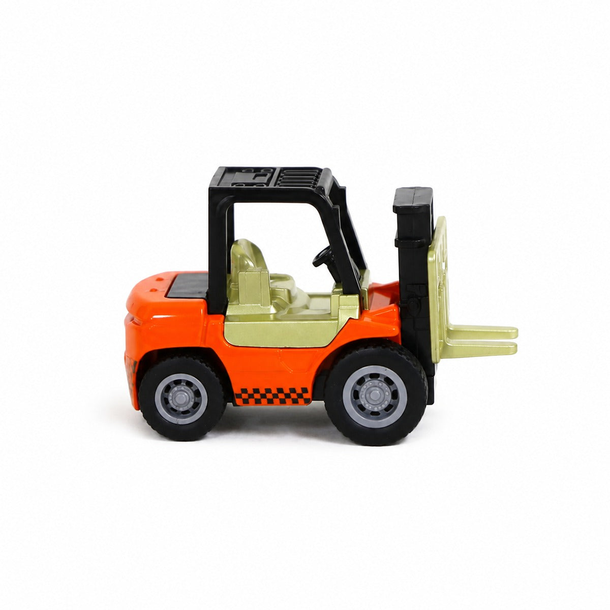 Orange and lime diecast pull-back forklift truck with raised forks and black wheels