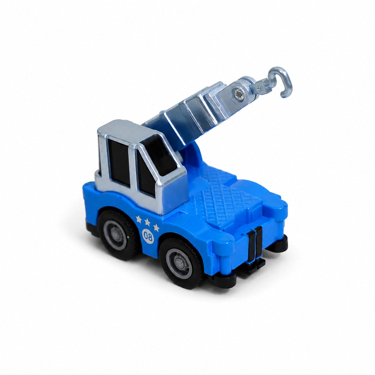 Blue diecast pull-back utility truck with raised front bucket and hook attachment