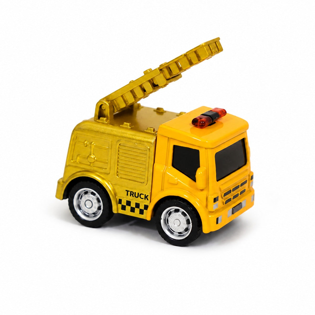Yellow diecast pull-back forklift truck with raised yellow arm and orange cab light