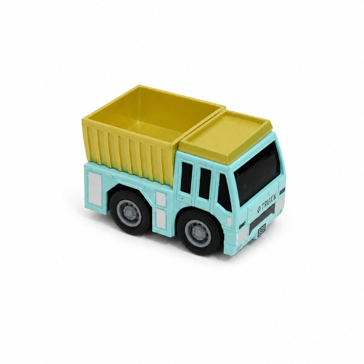 Diecast pull-back cargo truck with light blue cab and yellow cargo bed