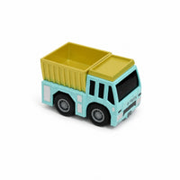 Diecast pull-back cargo truck with light blue cab and yellow cargo bed