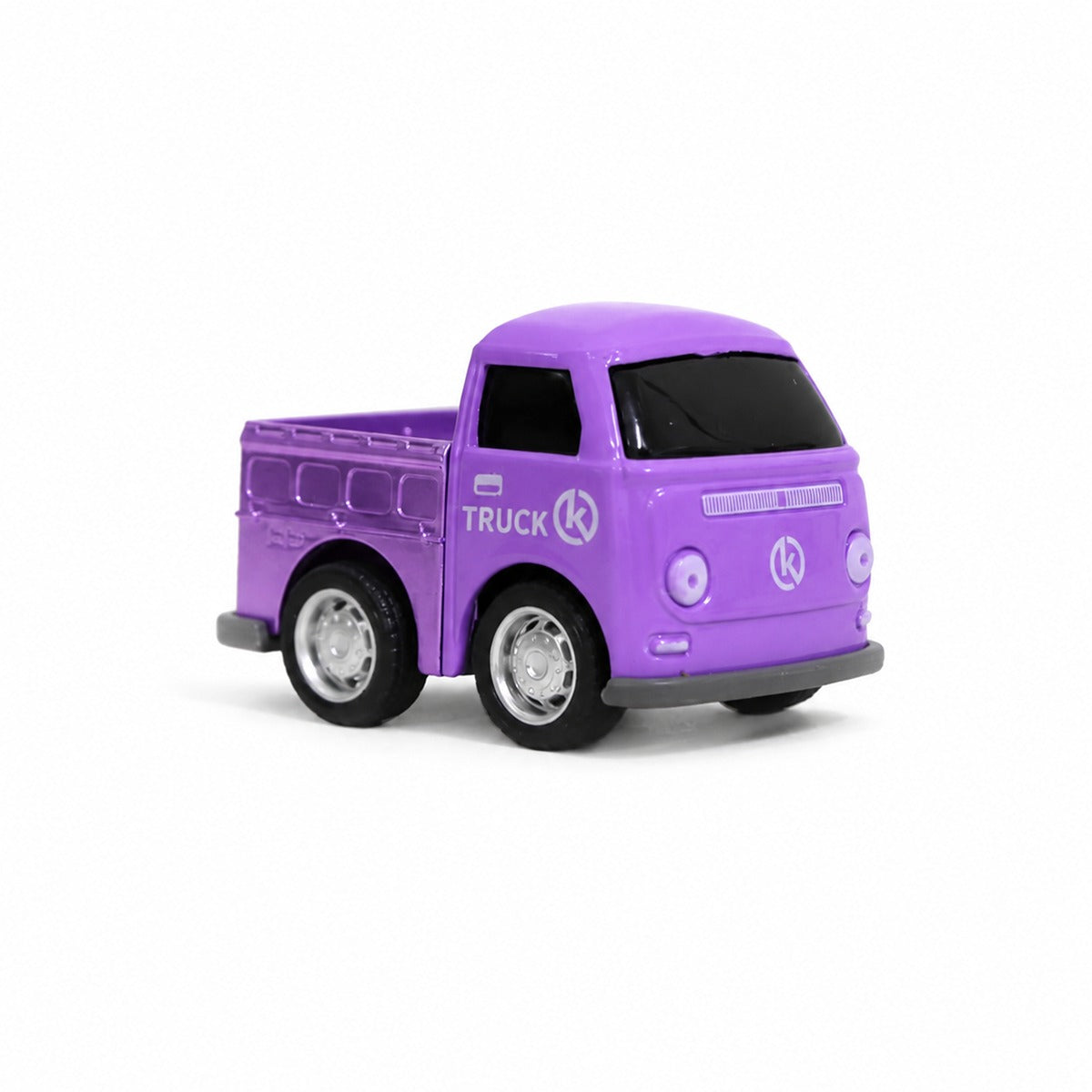 Purple diecast pull-back pickup truck with black wheels and black cab windows