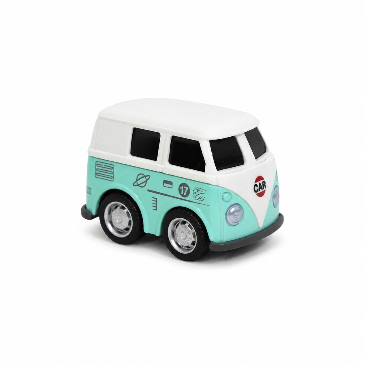 Light blue and white diecast pull-back van with black windows and silver wheels